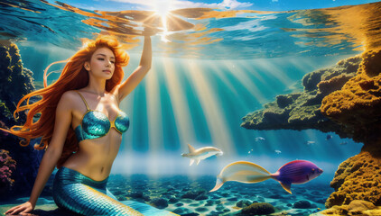 Meerjungfrau streckt ihre Hand aus dem Wasser . Unterwasserfoto mit Fischen und Korallen. KI Generated - obrazy, fototapety, plakaty