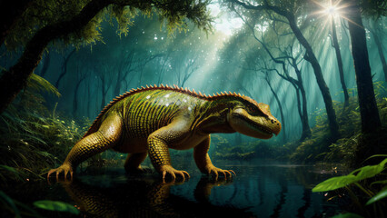 riesiges Reptil steht bedrohlich im Wald . KI Generated - obrazy, fototapety, plakaty