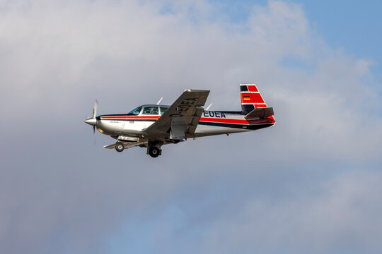 Luqa, Malta - October 28, 2023: A private Mooney M-20K 231 (Reg.: D-EOEA) still high above the runway threshold.