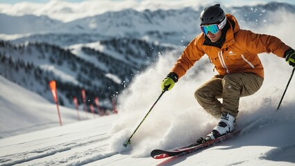 Dynamic male skier in orange jacket carving through fresh snow with mountains in the background, action-packed winter sports scene