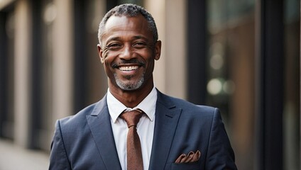 Smiling middle-aged African businessman in a tailored suit posing confidently on an urban street background