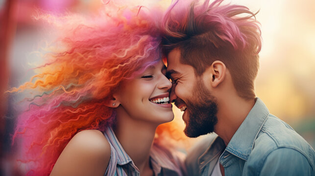 Couple with colorful hair. Multiethnic couple in love hugging on Valentine's Day.