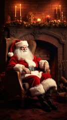 Obraz premium Santa Claus in his house next to the fireplace resting in armchair.
