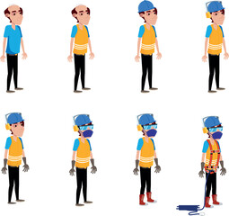 Obraz premium Articulated character using personal protective equipments - PPE. safety vest, rope, ear muff, eye protection, hard hat, protective gloves, safety boots, mask, climbing rope. File prepared for motion 
