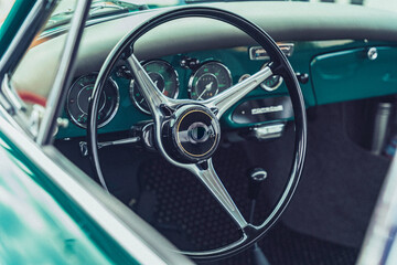 Green colored interior of a classic muscle car