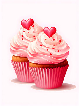 Illustration of a cupcakes with frosting and pink hearts on top on white background 