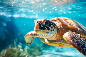 Obraz premium Green sea turtle swims underwater close-up