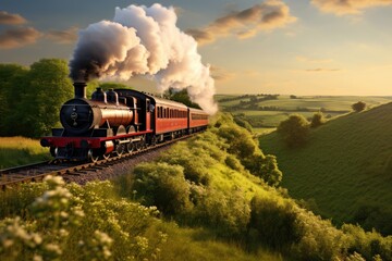 Vintage Steam Train Crossing Countryside - obrazy, fototapety, plakaty