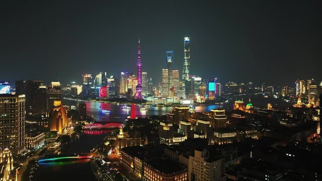 Aerial drone view of modern skyscraper office buildings in Shanghai