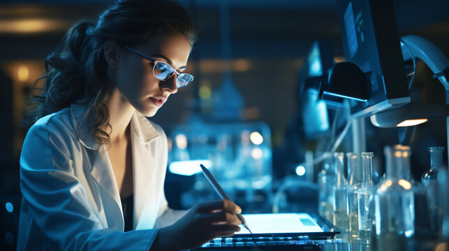 woman in STEM, young professional woman scientist, doctor, researcher, working in a science lab doing tests and studies, headshot photograph of woman