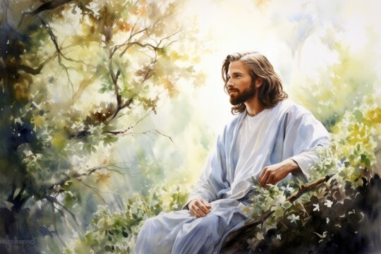 Watercolor Painting of Jesus Christ in Nature
