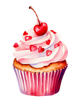 Watercolor illustration of a cupcake with pink frosting and cherry decorations on white background 