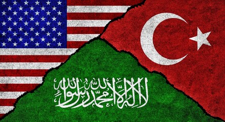 USA, Turkey and Saudi Arabia flag together on a textured wall. Relations between Saudi Arabia, Turkey and United States of America