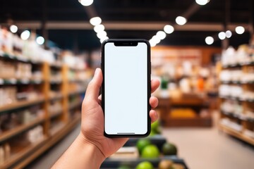 Hand holding a smartphone with a blank screen in a warehouse shopping aisle