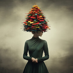 woman in a dress with abstract paper Christmas tree on her head - 686841991