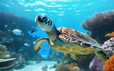 Naklejka na ściany i meble Sea Turtle Underwater - A Captivating Glimpse into Waterlife Wonders