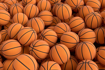 Many of flying orange basketball ball falling on blue background