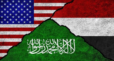 USA, Yemen and Saudi Arabia flag together on a textured wall. Relations between Saudi Arabia, Yemen and United States of America
