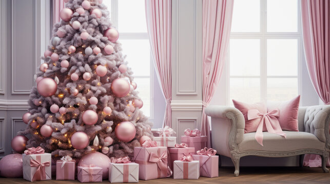 illustration with a christmas tree and presents under it in pink colors