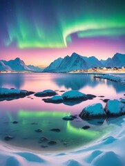 colorful northern lights in the far north. Bright color reflection in the lake