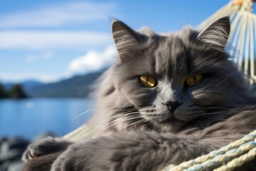 Obraz premium Relaxing White Cat Enjoying a Beach Hammock with Ocean View - Peaceful Summer Scene