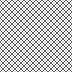 Seamless surface pattern with symmetric ornament. Black dashes, crosses and circles abstract on white background. Grid motif. Ethnic wallpaper. Digital paper for web design. Vector art illustration