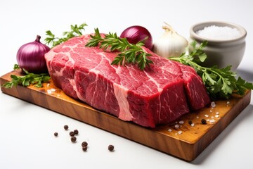 A piece of meat on a cutting board with spices.