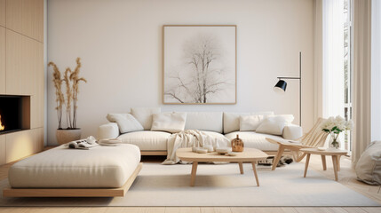 living room interior in beige white scandinavian design