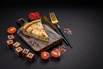 Delicious quiche with broccoli, cheese, chicken, spices and herbs