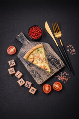 Delicious quiche with broccoli, cheese, chicken, spices and herbs