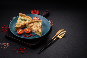 Delicious quiche with broccoli, cheese, chicken, spices and herbs