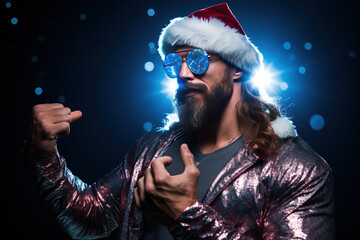 A muscular man in a Christmas hat and sunglasses. Festive lights and sparkles at the backgrounds