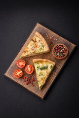 Delicious quiche with broccoli, cheese, chicken, spices and herbs