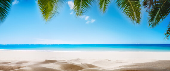 Fototapeta na wymiar Tropical beach with fine sand, some palm leaves above, calm sea with clear sky in distance. Empty copy space template for vacation or holiday product. Generative AI.
