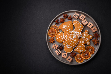 Beautiful Christmas composition with copy space with an inscription in wooden cubes