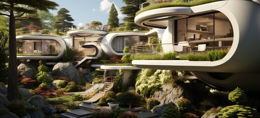 Photo of compact residential buildings surrounded by beautiful nature.