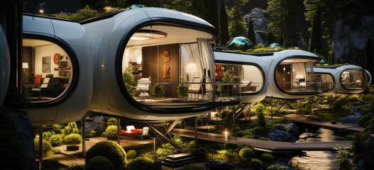 Life-giving nature around compact capsule houses - obrazy, fototapety, plakaty