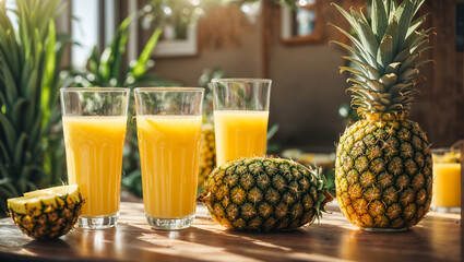 Fresh pineapple juice in a glass, on kitchen background