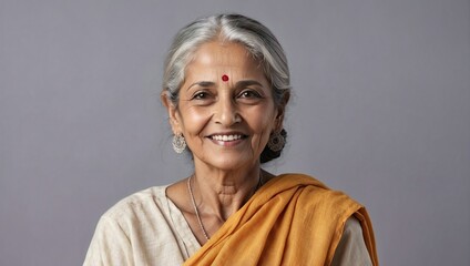 Radiant elderly Indian woman smiling, traditional saree, red bindi, professional portrait, cultural attire, dignified