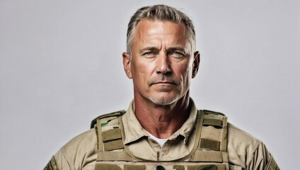 Middle-aged Caucasian male soldier, serious expression, wearing camouflage uniform, military portrait, grey background, confident stance - obrazy, fototapety, plakaty