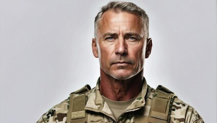 Middle-aged Caucasian male soldier, intense gaze, wearing desert camouflage, military attire, gray background, stoic - obrazy, fototapety, plakaty