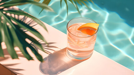 A minimal concept of tropical summer refreshment, a delicious cold exotic drink at the edge of the pool. Cocktail drink, alcoholic or non-alcoholic.