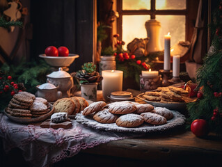 Tasty homemade Christmas cookies on the table. Gingerbread. Christmas holiday treats.