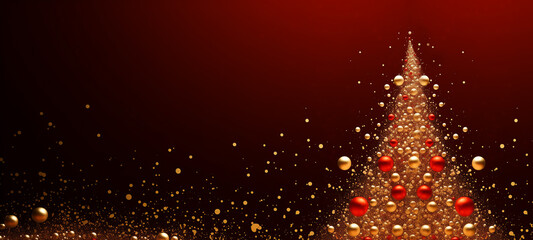 Christmas New Years background with glittery golden Christmas tree on red background. Golden glitter garland lights