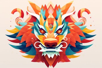 Close up Geometric Colorful Chinese Dragon Head in Front - obrazy, fototapety, plakaty