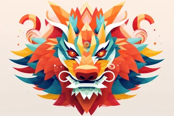 Fotobehang Close up Geometric Colorful Chinese Dragon Head in Front © Nikki AI