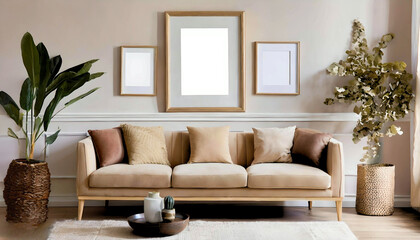 Frames Mockup, Beige Couch and Frames Mockup, Living Room Photo Mockup, Picture Frame Template