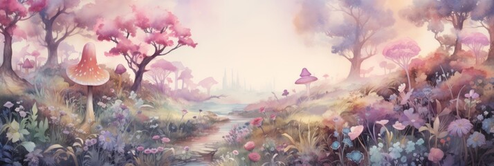 Obraz na płótnie Canvas Mystical mysterious fairy tale forest, watercolor illustration, banner