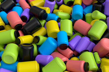 Pile of multicolor plastic jar for sport nutrition protein powder on white