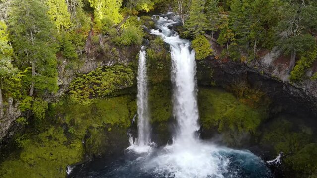 Aerial shot of the amazing Koosah Falls and lush moss covered forest on the McKenzie River in Oregon.